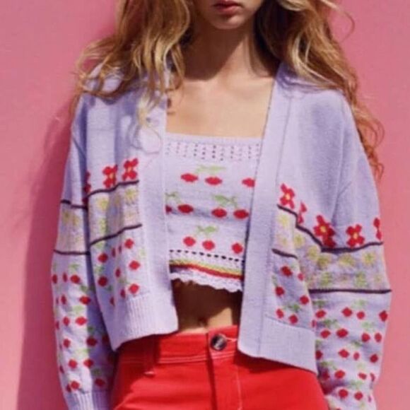 Zara EUC Jacquard Knit Cherry Print Cardigan Sweater Lilac Pink Size S - Picture 1 of 10